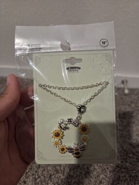 Icon Collection Silver Necklace with Yellow Sunflower and Bee Pendant